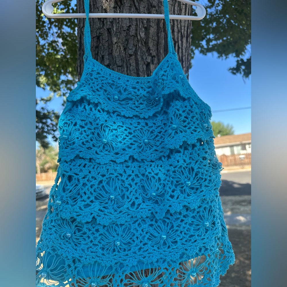 Oh Yes Vintage Y2K Turquoise Mermaidcore Crochet Beaded Tank Top